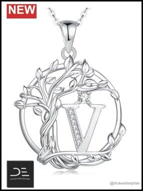 Sterling Silver Personalized Initial Tree of Life Pendant Necklace CZ Crystal